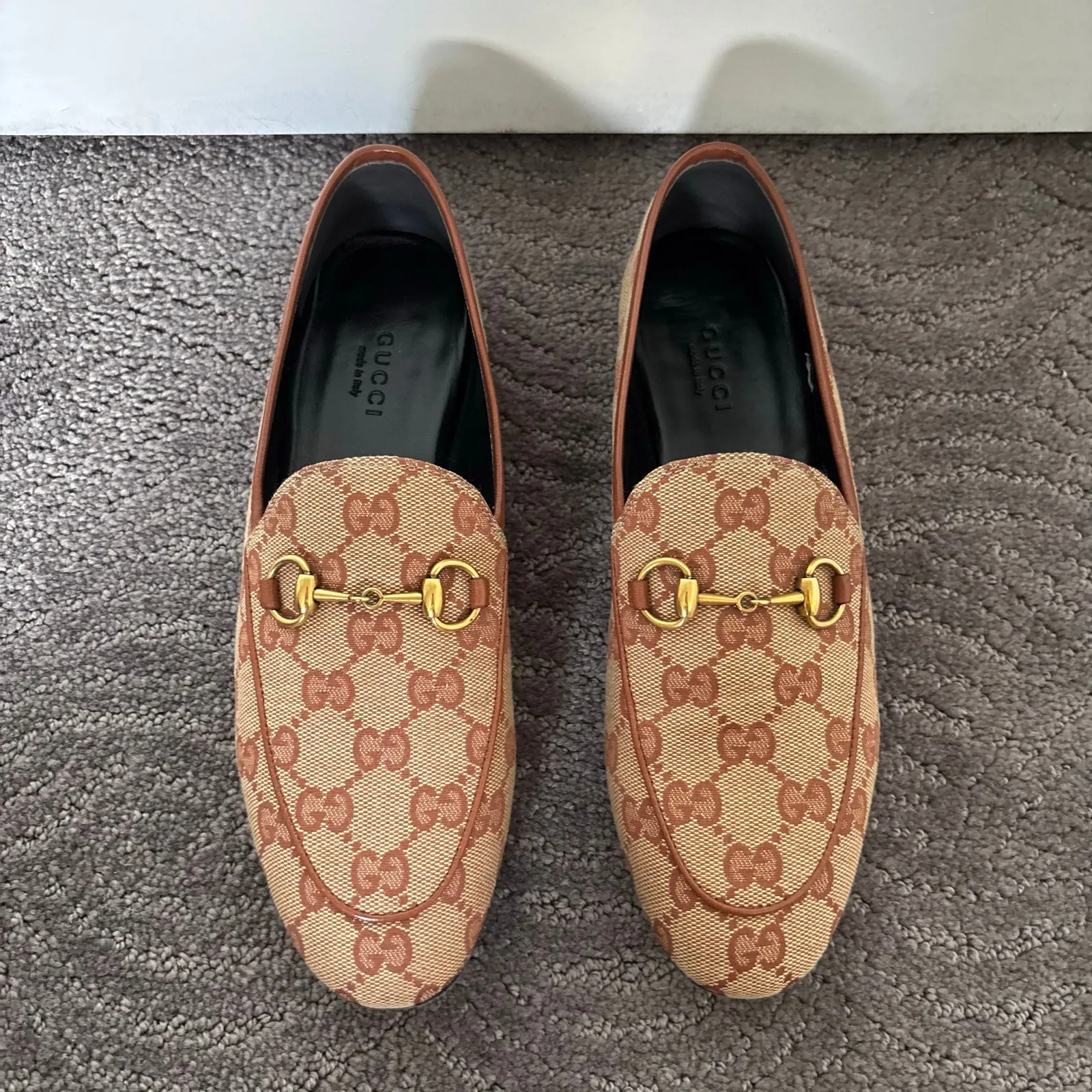 Gucci Jordaan GG Monogram Canvas Horsebit Loafers Beige Brown Flats Size EU 36.5 - Image 3