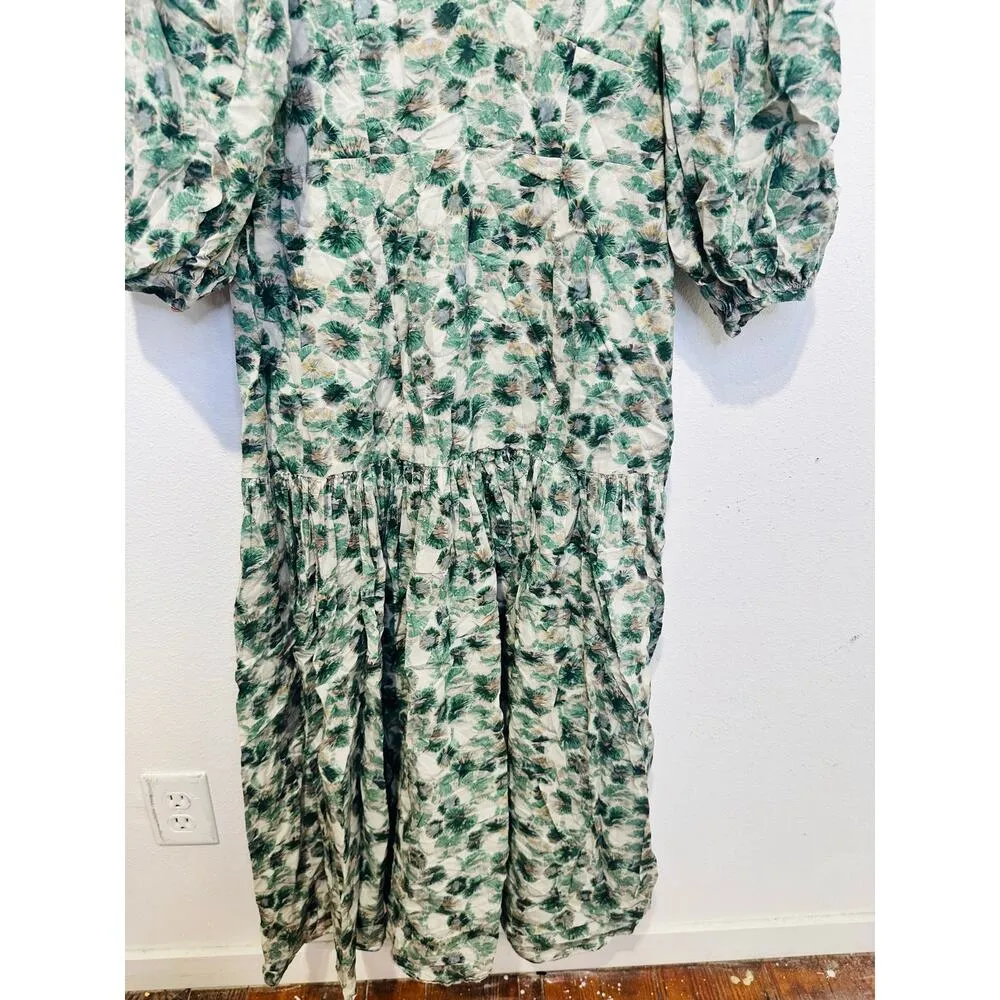 MARYSIA Green White Floral Printed 100% Cotton Drop Waist Imperialis Dress M Size M - Image 8