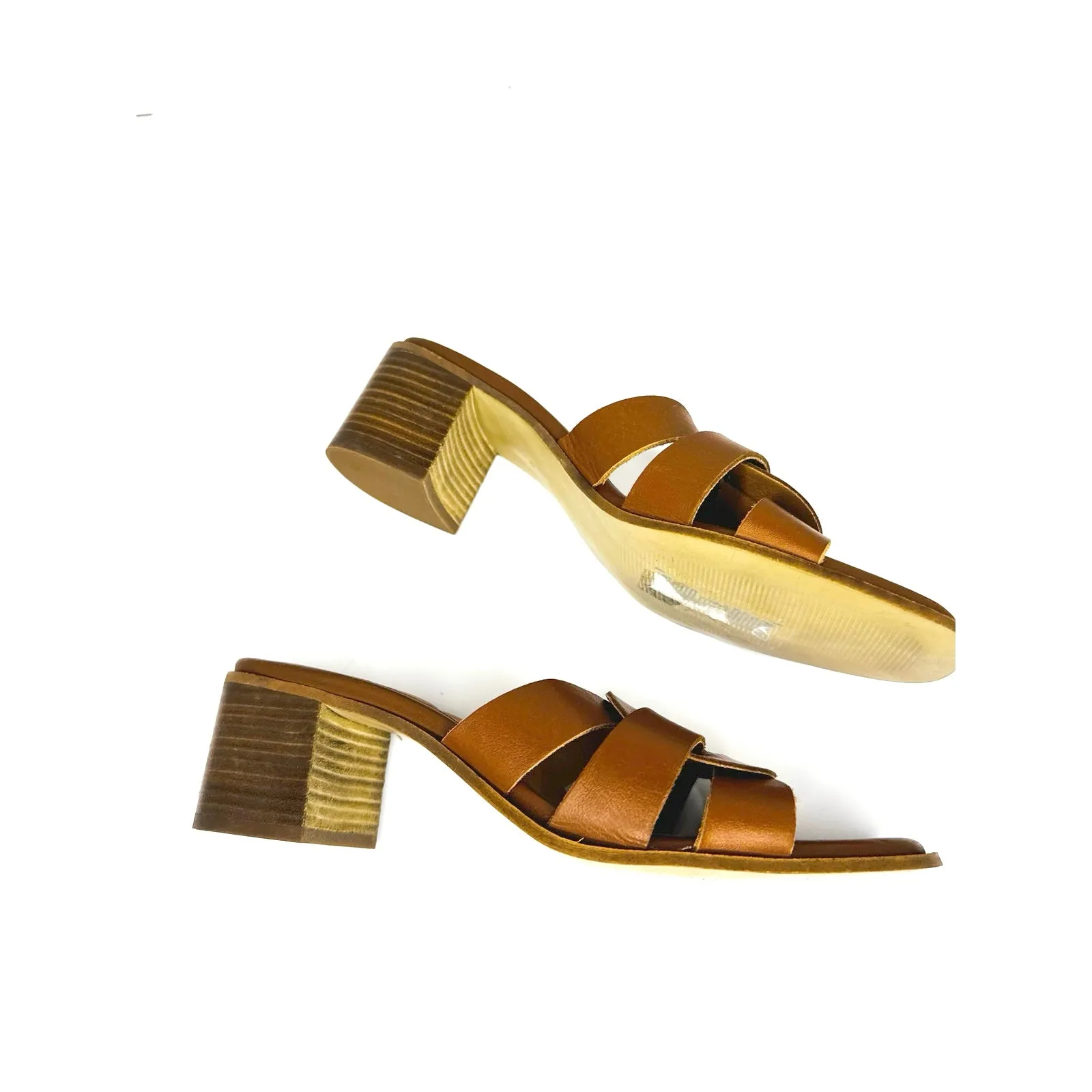 Bruno Magli Retro Classic Leather in Rich Cognac Block Heel Slide Sandals 40 Brown Size 9 - Image 4