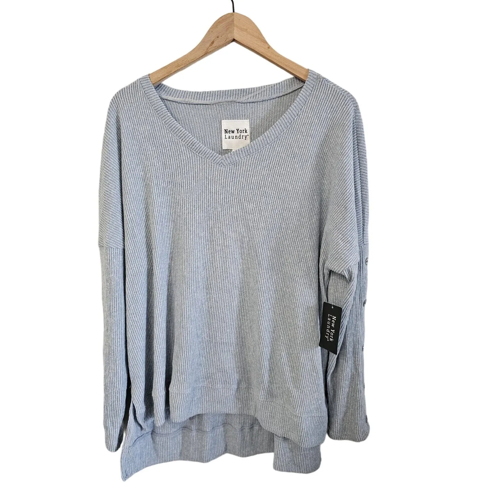 New York Laundry Sweater Sz XL Ribbed Button Sleeve High Low Loose Fit New - Image 2