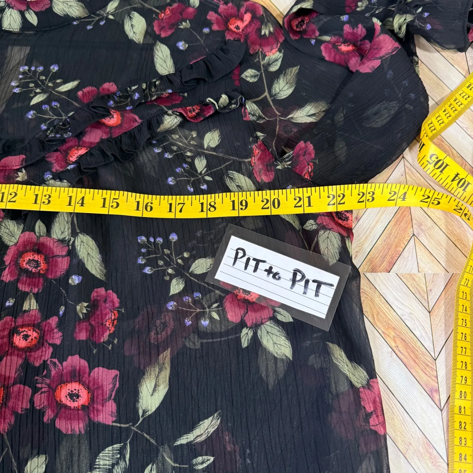 Arizona Jean Co Black Floral Ruffle Mock Neck Long Sleeve Sheer Blouse XL Boho - Image 11