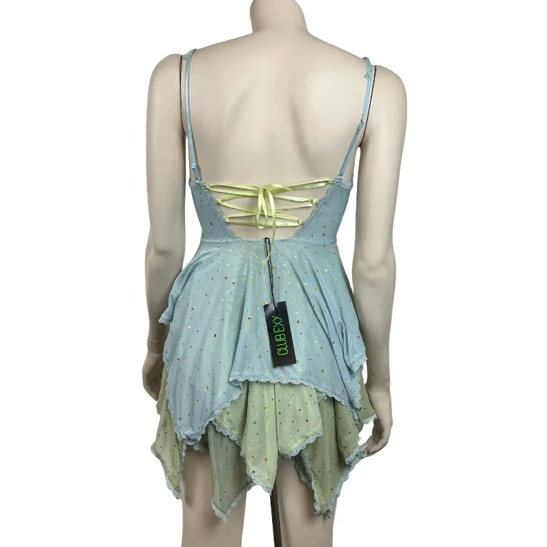 Club Exx Green and Blue Sparkled Myths Handkerchief Dress Size XXS - Image 2