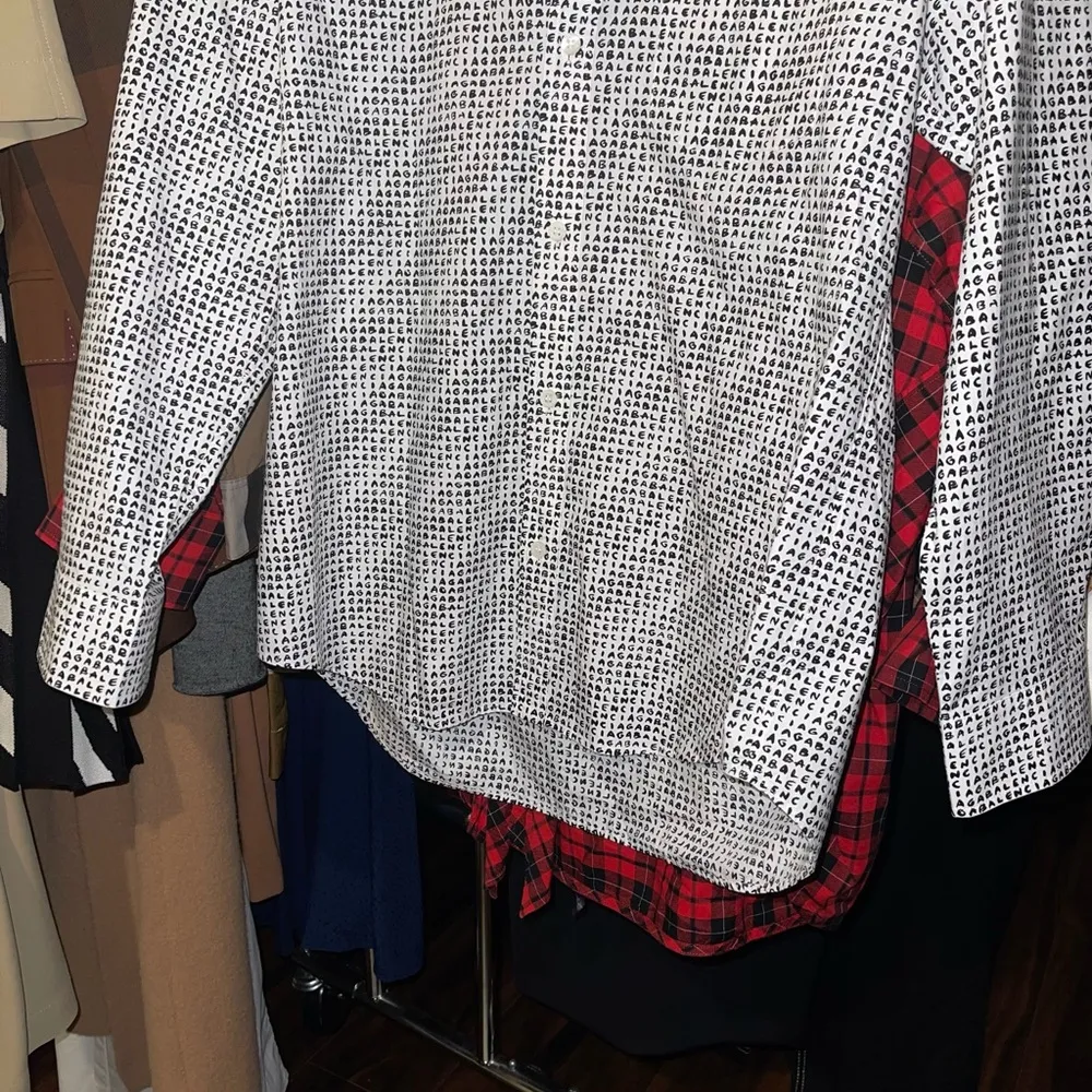 Balenciaga Micro Brand Print Cotton Blouse White Black Logo Button Down - Image 6
