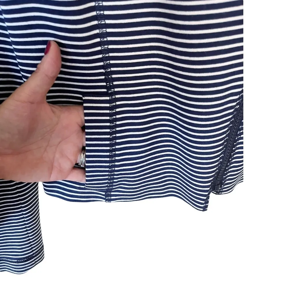 WORTH Jersey Moto Jacket Striped Blue White Asymmetrical Zip Collar Pocket 6 EUC Size L - Image 4