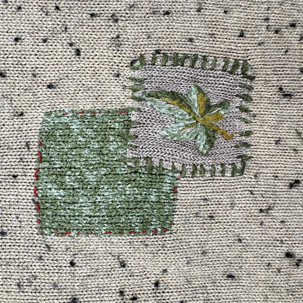 Vintage Y2K Patchwork Sweater Embroidered Fall Leaves Pocket Rolled Edge J Jill Tan Size M - Image 7