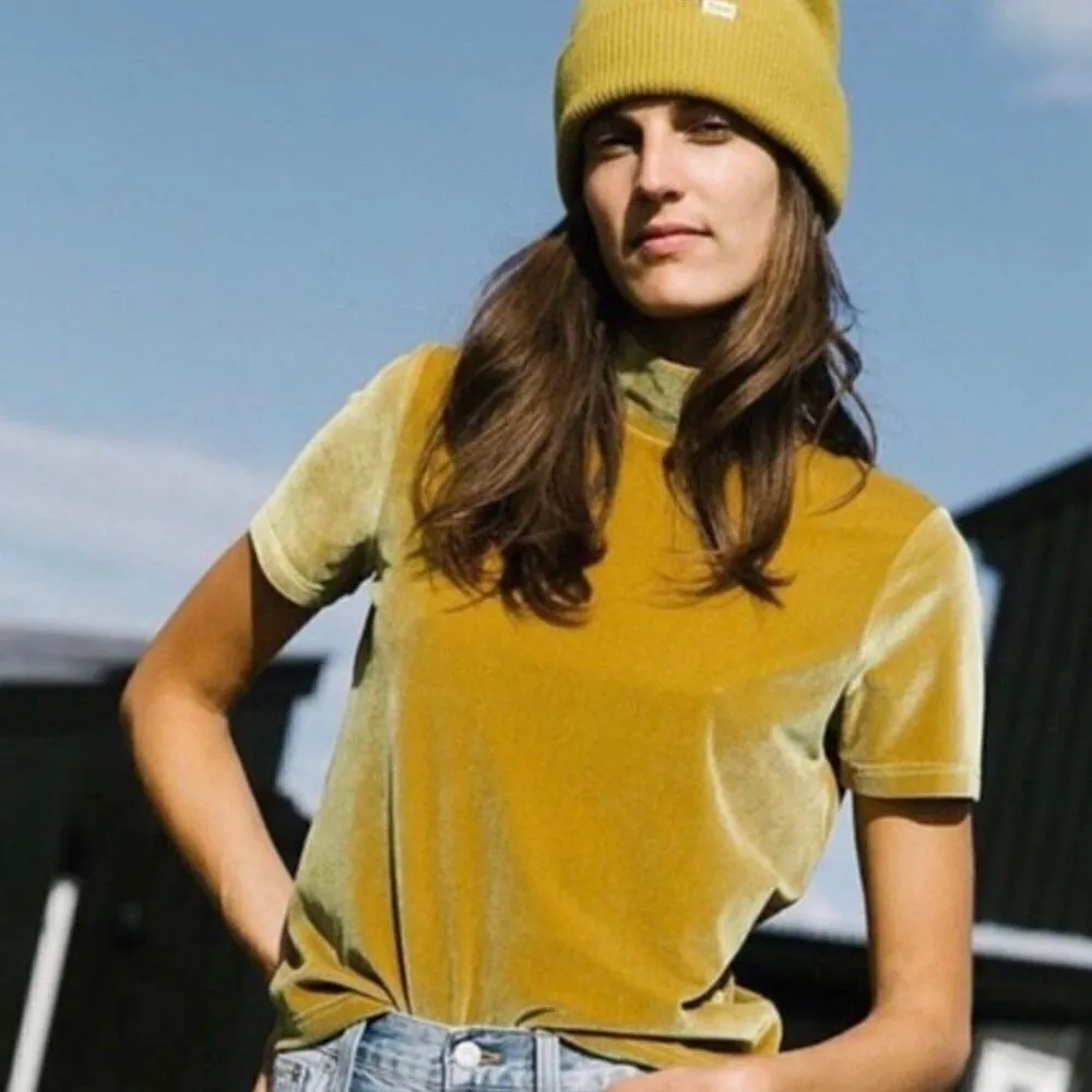 Madewell Velvet Mockneck Tee Short Sleeve Blouse Top in Mustard Golden Yellow si - Image 2