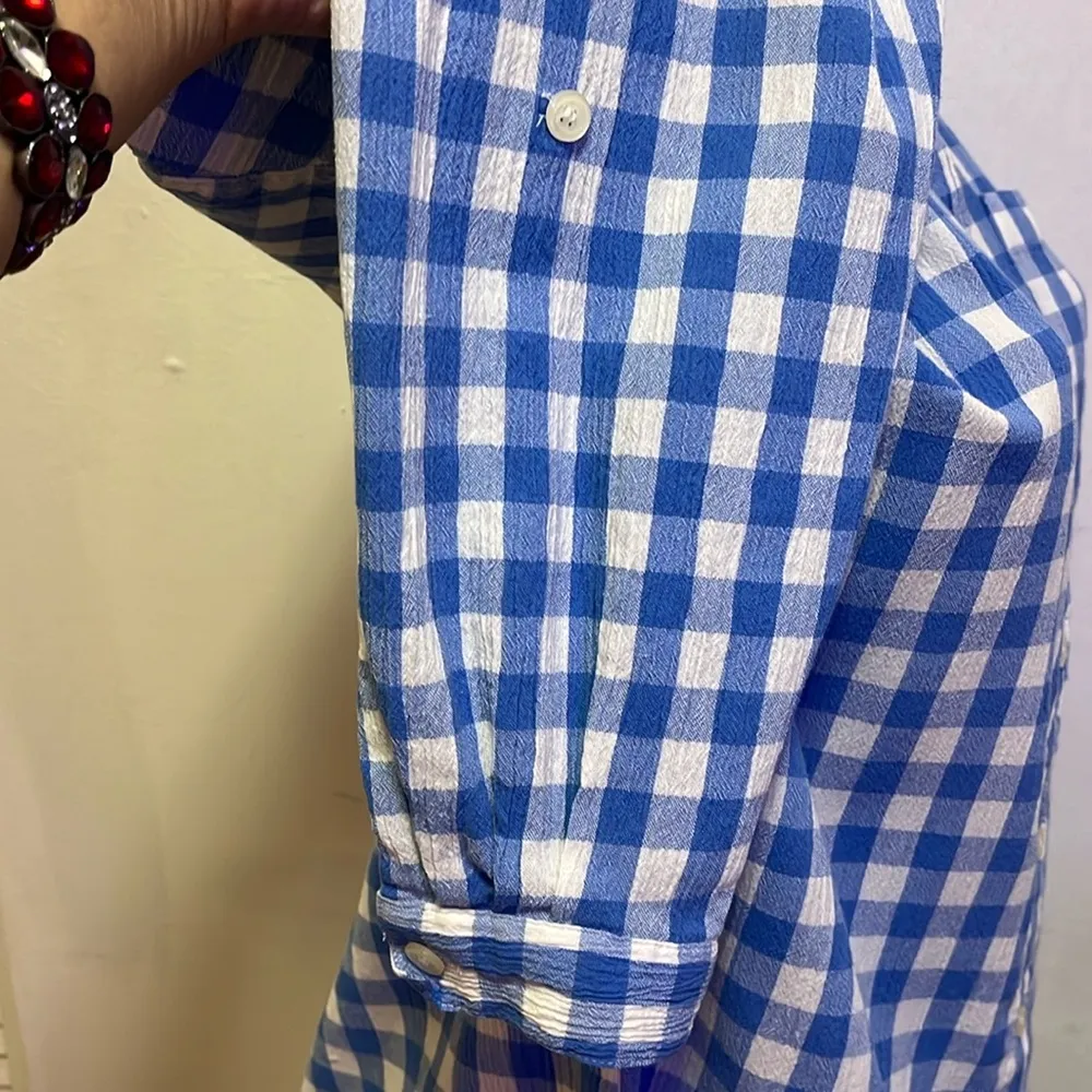 KORET Upscale Plaid Checkered Butrin Down Blouse Shirt Sz L Blue Size L - Image 3