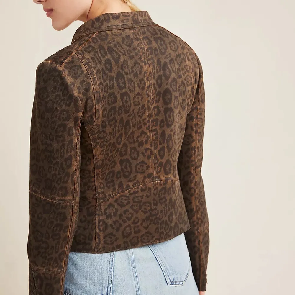 Anthropologie MARRAKECH Marni Leopard Moto Jacket Sz M Faux Suede Leather Brown Size M - Image 3