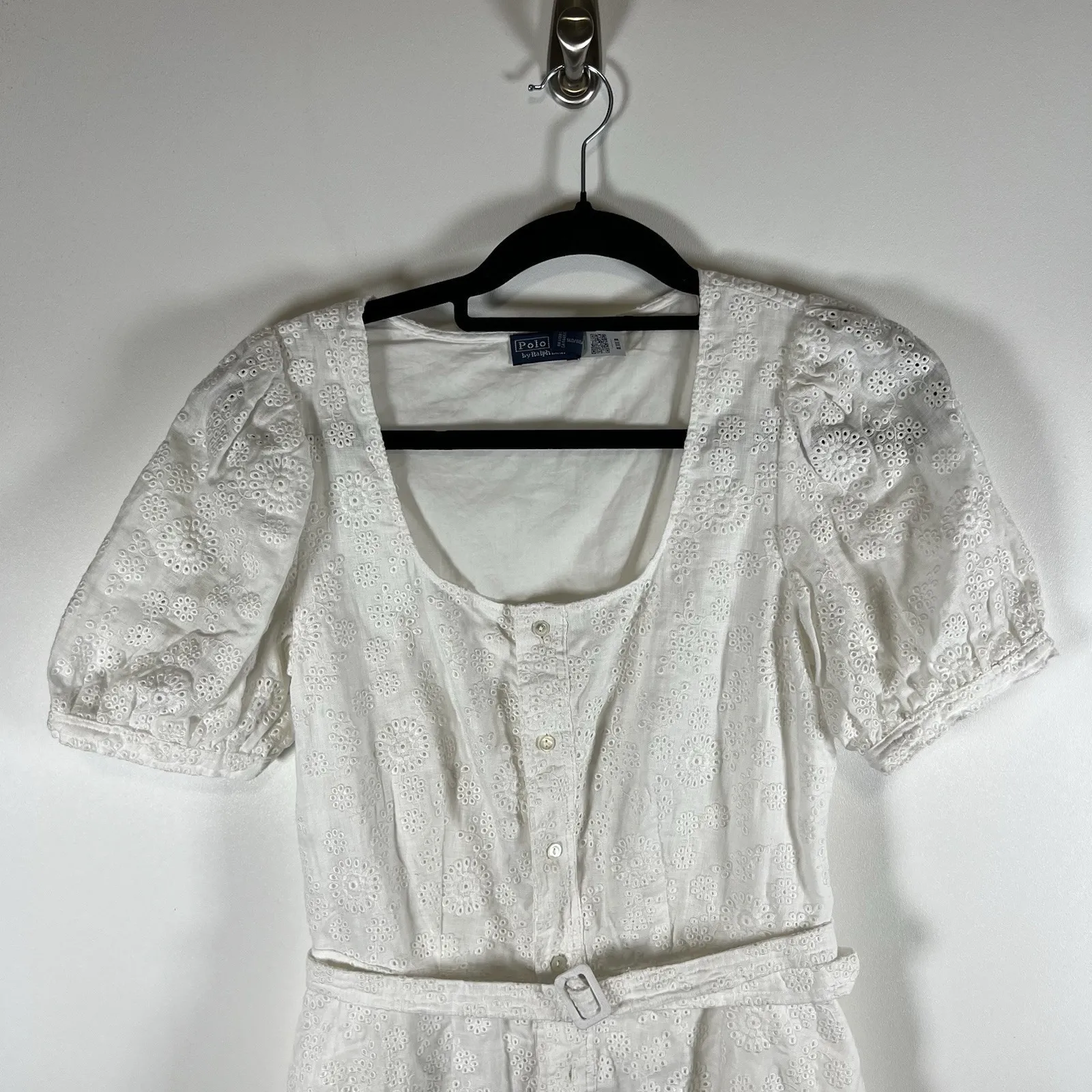Polo‎ Ralph Lauren Ruffled Linen Eyelet Lace Midi Dress Button Up Belted Size 4 - Image 5