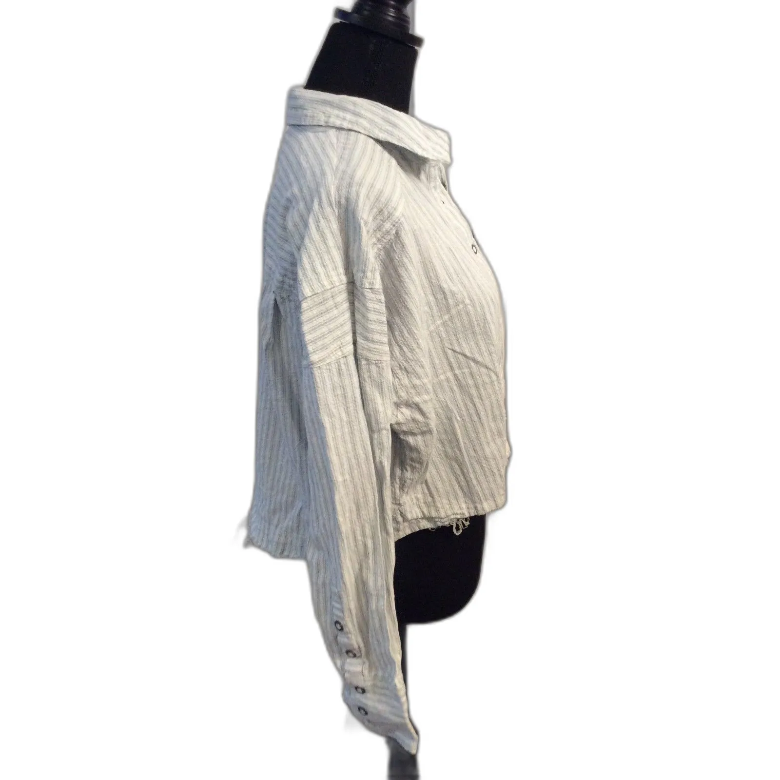 We the Free People Striped Small Button Front Chambray Raw Hem Long Sleeve boho - Image 3