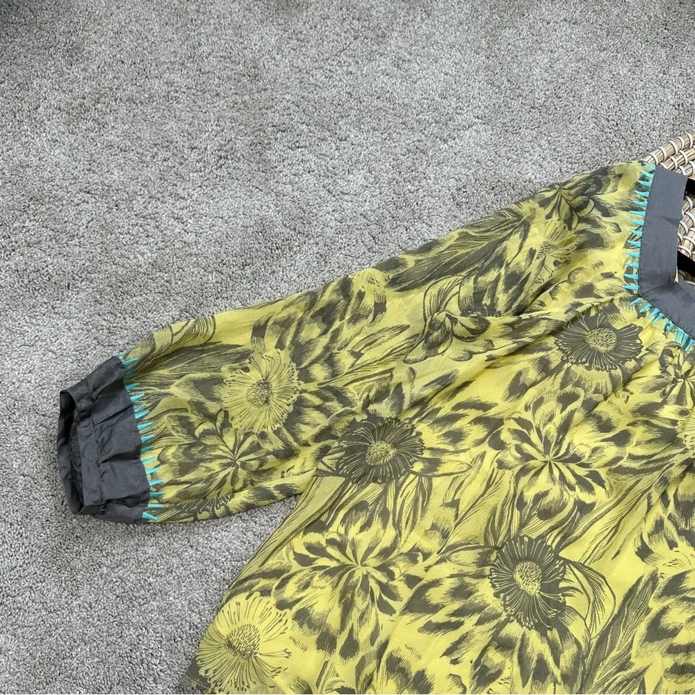 Sundance Women’s 100% Silk Floral Blouse Square Neck 3/4 Sleeve Yellow Gray L Size L - Image 4