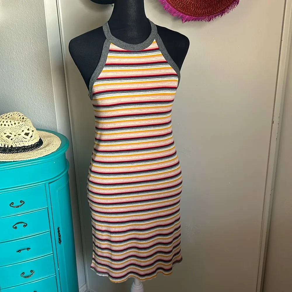 New Striped Ribbed Halter Knit Racerback Summer Vacation Cover Up Tank Dress Gray - Image 12