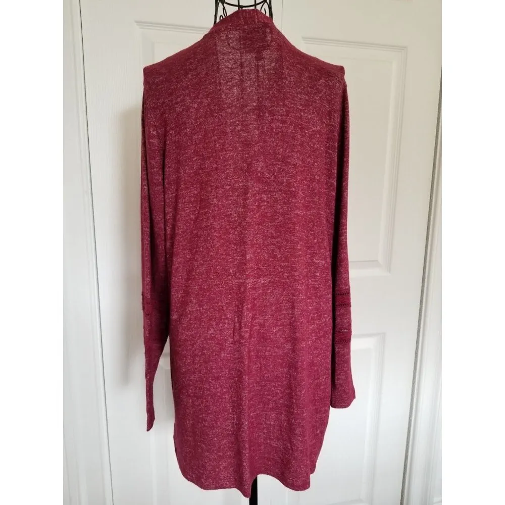 Bobeau Women's Marled  Windsor Wine Lace Accent Open Front Cardigan Sweater Sz M - Image 3