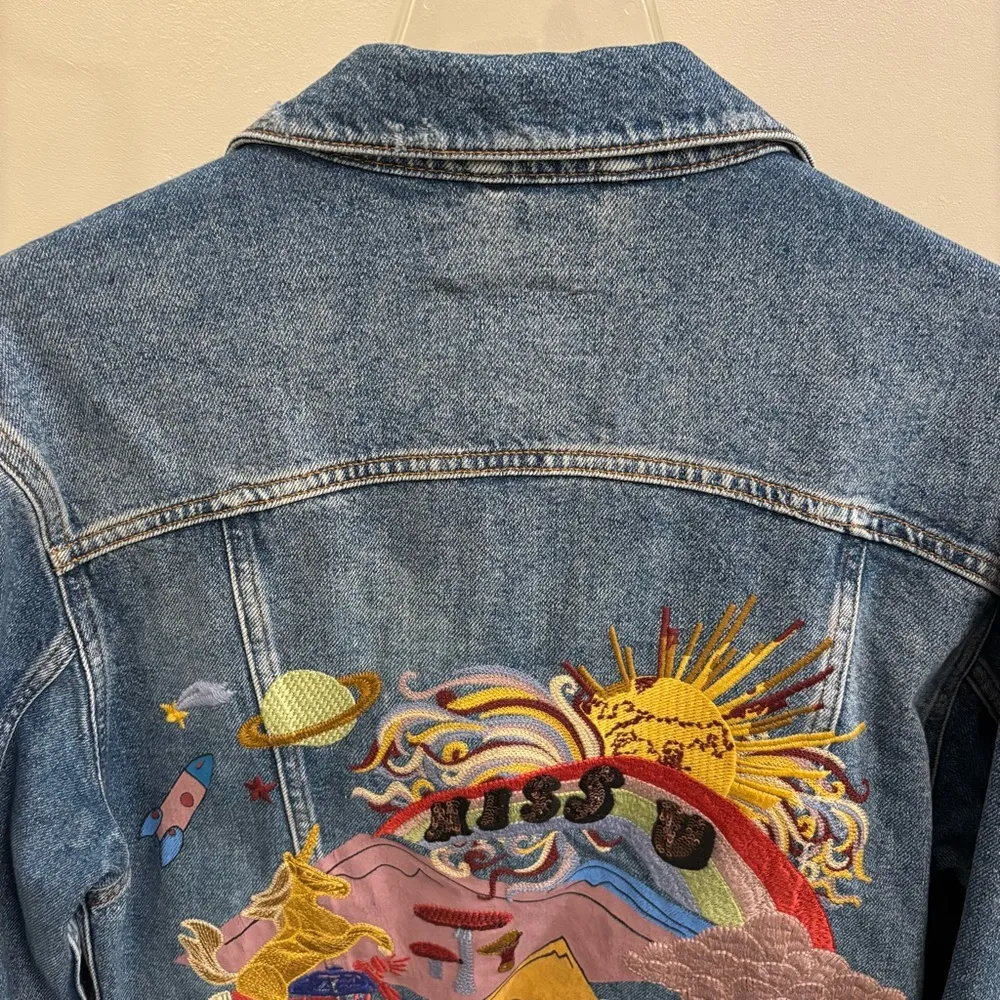 ZARA Women’s Embroidered Oversized Small Blue Jean Denim Jacket Unicorn Rainbow - Image 9