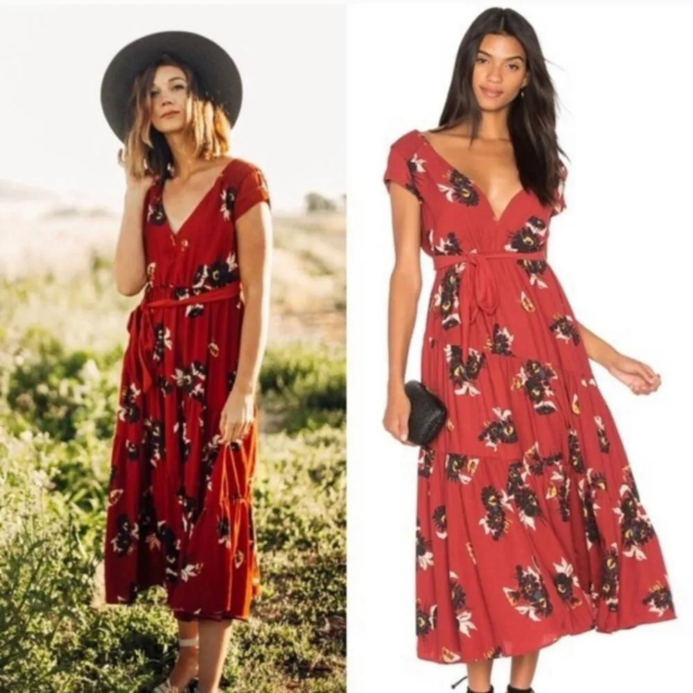 Free People All I Got Botanical Print Cap Sleeve Tiered Maxi Dress size 8 C8 - Image 2