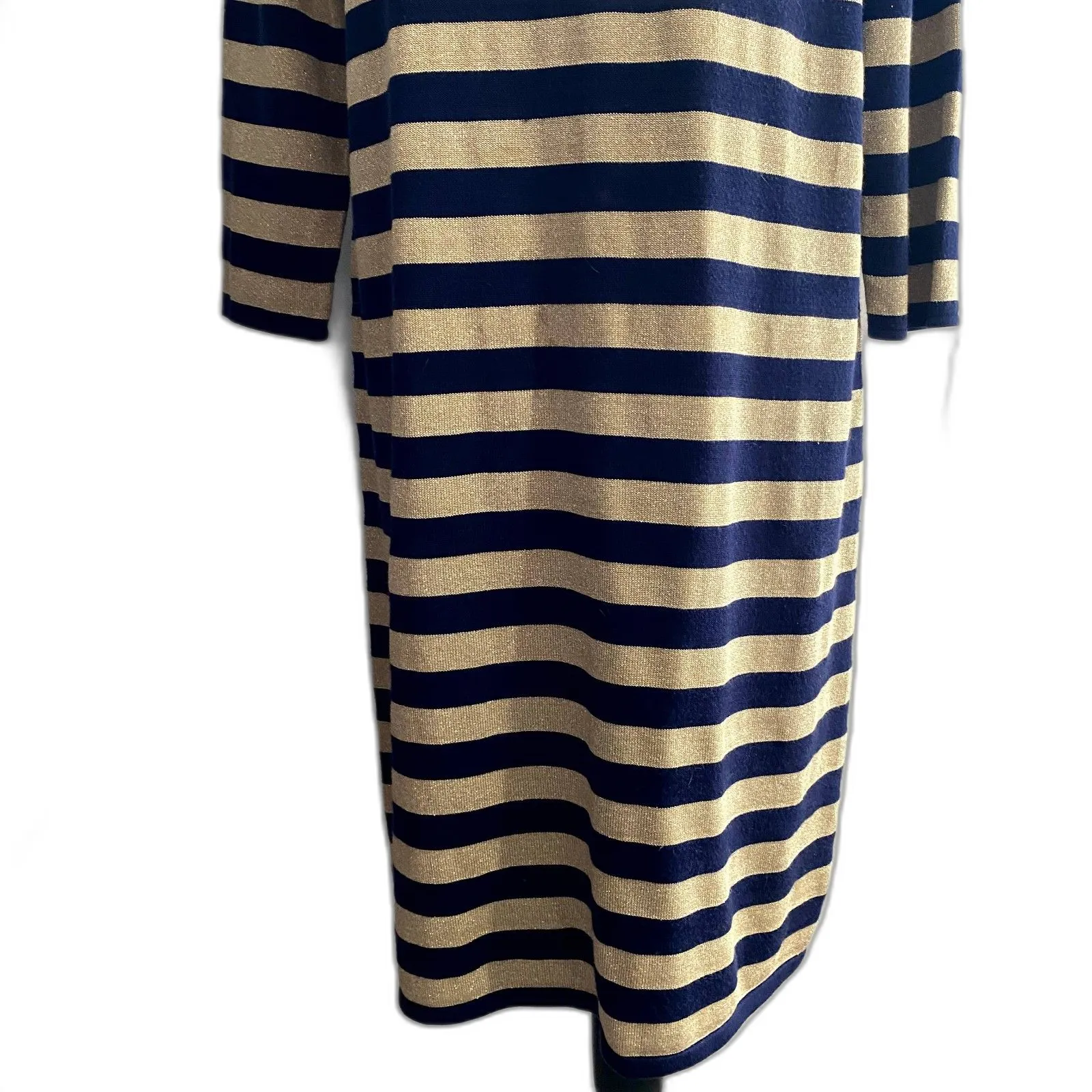 Lauren Ralph Lauren Stripe Shift Sweater Dress Navy‎ Gold Metallic Size Large - Image 5