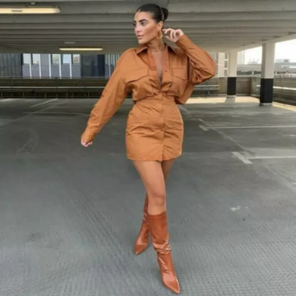 ZARA Poplin Shirt Open Back Utility‎ Mini Dress w/ Pockets in Tobacco Size Large - Image 5