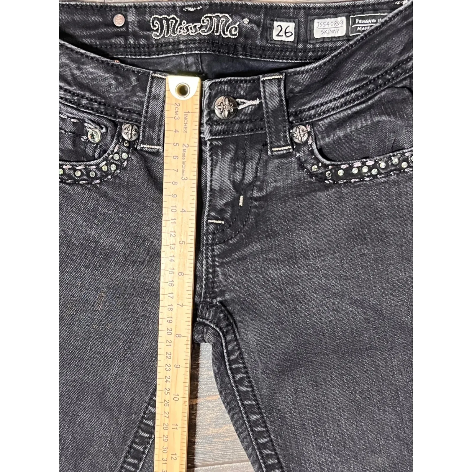 Miss Me Embellished Skinny Jeans Black Size 26 Rhinestone Studded Denim Bling - Image 7