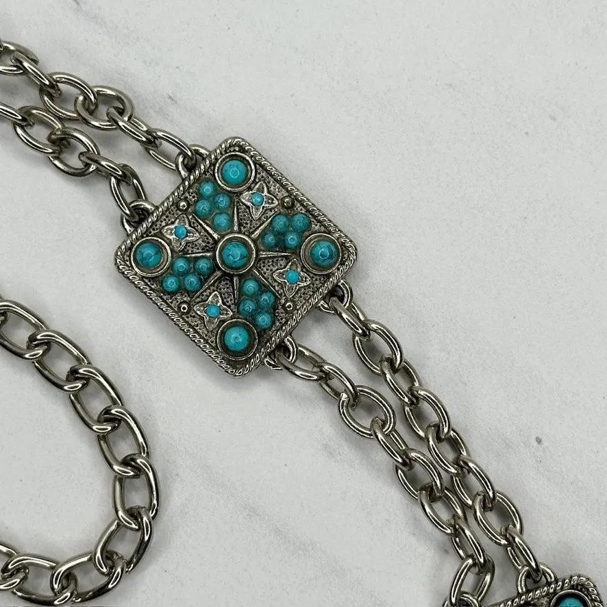 Faux Turquoise Studded Square Silver Chain Link Belt One Size (OS) ✨ - Image 5