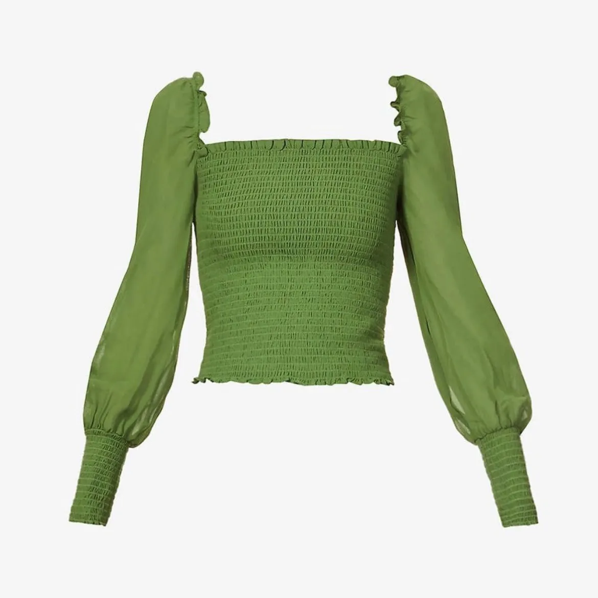 Reformation Pinto Smocked Square Neck Top Green Long Puff Sleeve XL - Image 3