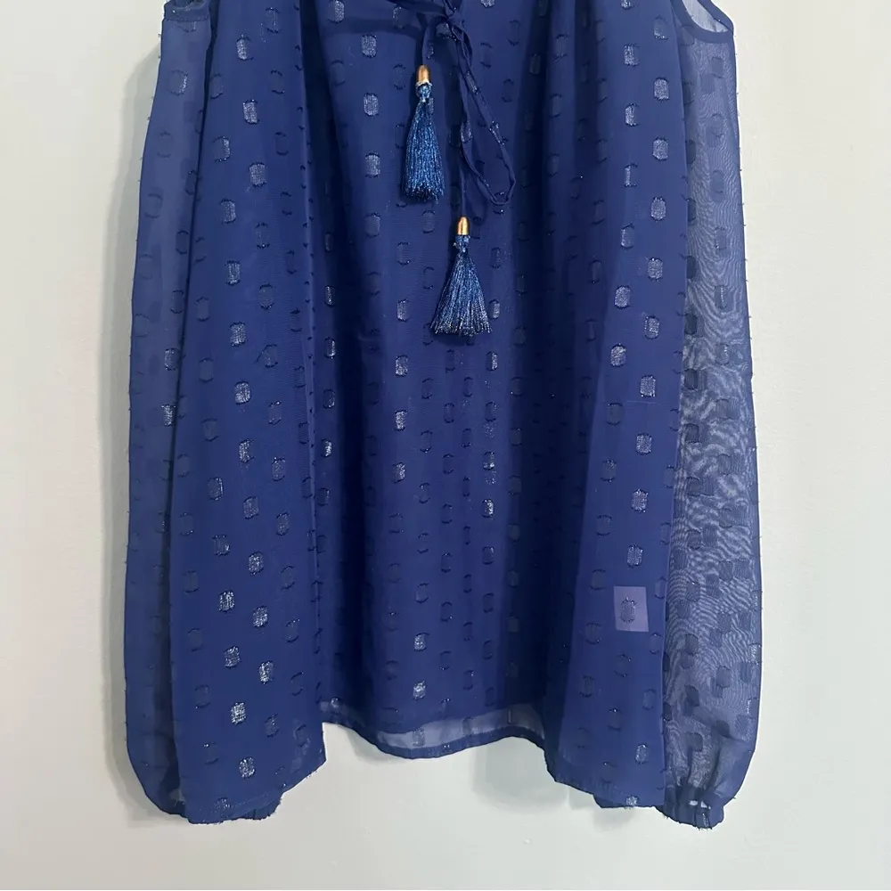 🦋 Macbeth Collection Sheer Navy Blue Open Shoulder Long Sleeve Blouse XS - Image 4