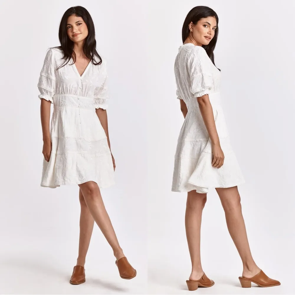 NWT Dear John Ellen Smocked Waist Mini Dress Pearled Ivory Garden Embroidered M - Image 3