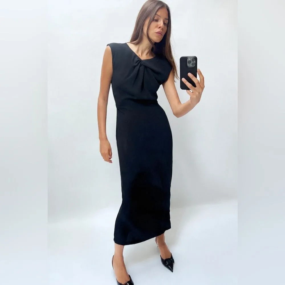 Zara MIDI Dress With Front Tie in Navy Blue Size XS - Image 3