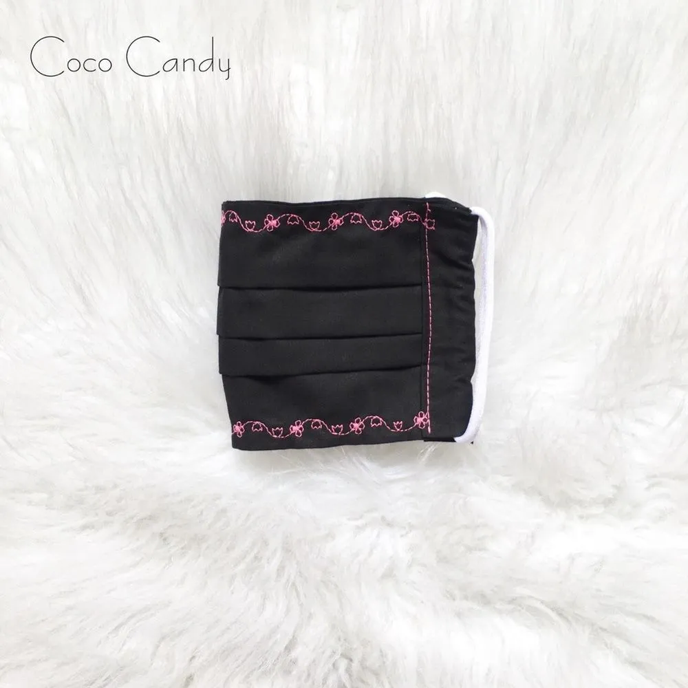 🆕Embroidered Pink Flower Black Fabric Reusable Face Mask - Image 4