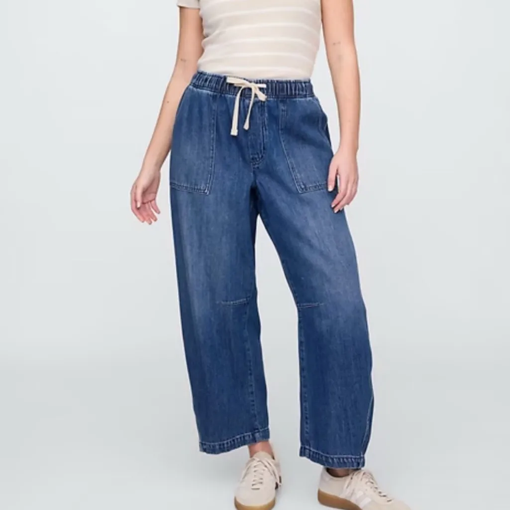 Gap Small Supersoft Pull On Barrel Jeans Drawstring Comfy Lounge Relax Dark Wash - Image 2