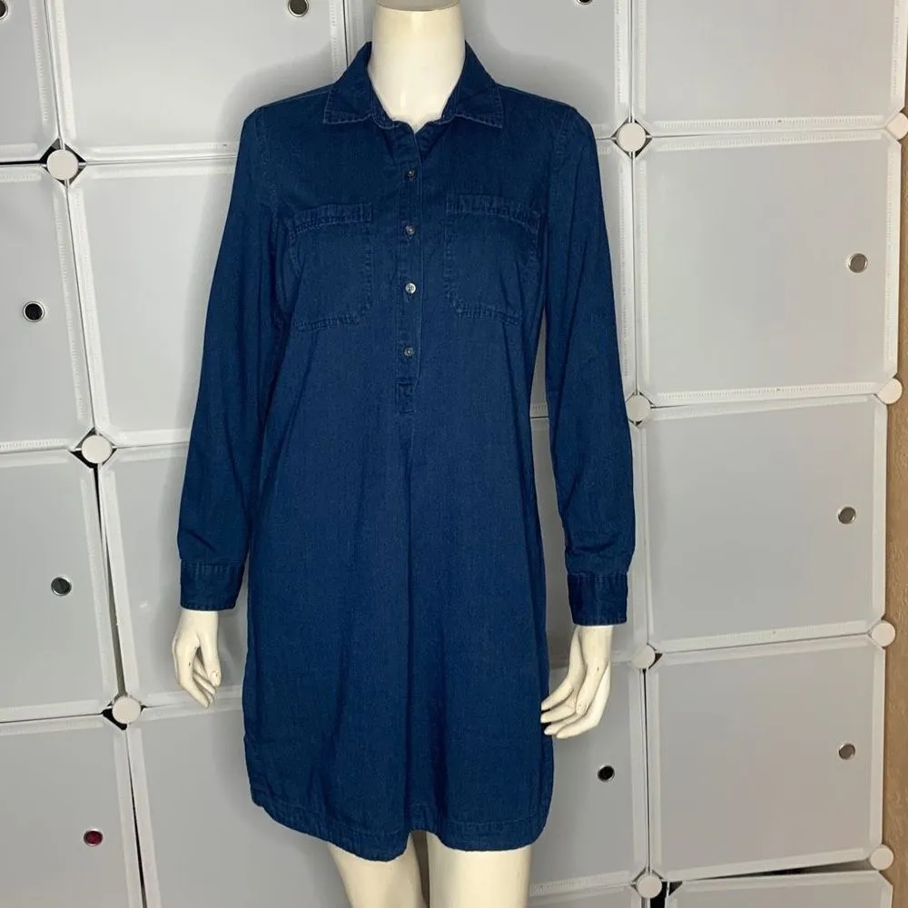 Old Navy Dark Navy Wash Chambray Long Sleeve Shirt Dress 100% Cotton Size XS - Image 3