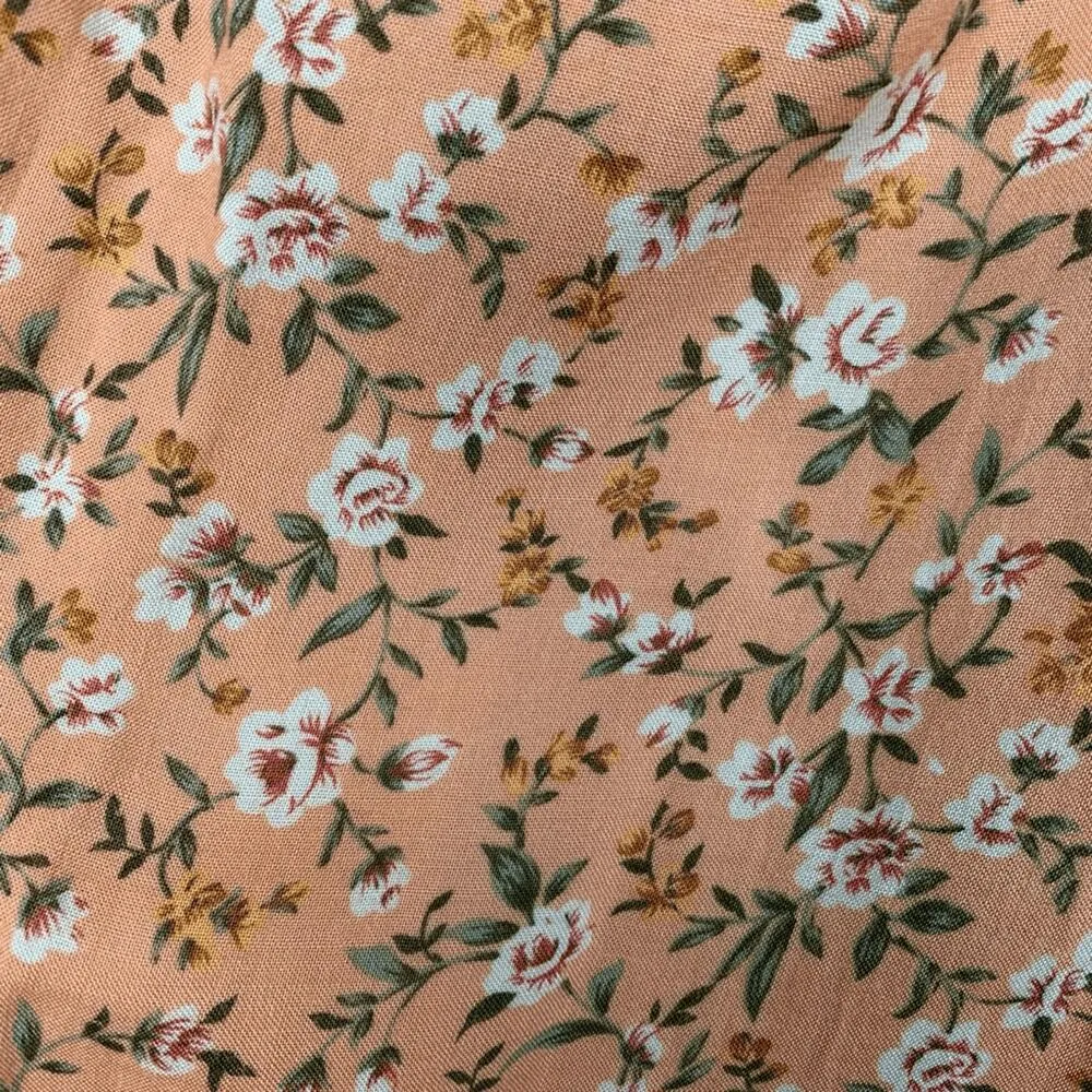 Vintage 90s Peach Floral Mini Dress Rayon Button Front Short Sleeve Scoopneck Orange - Image 10