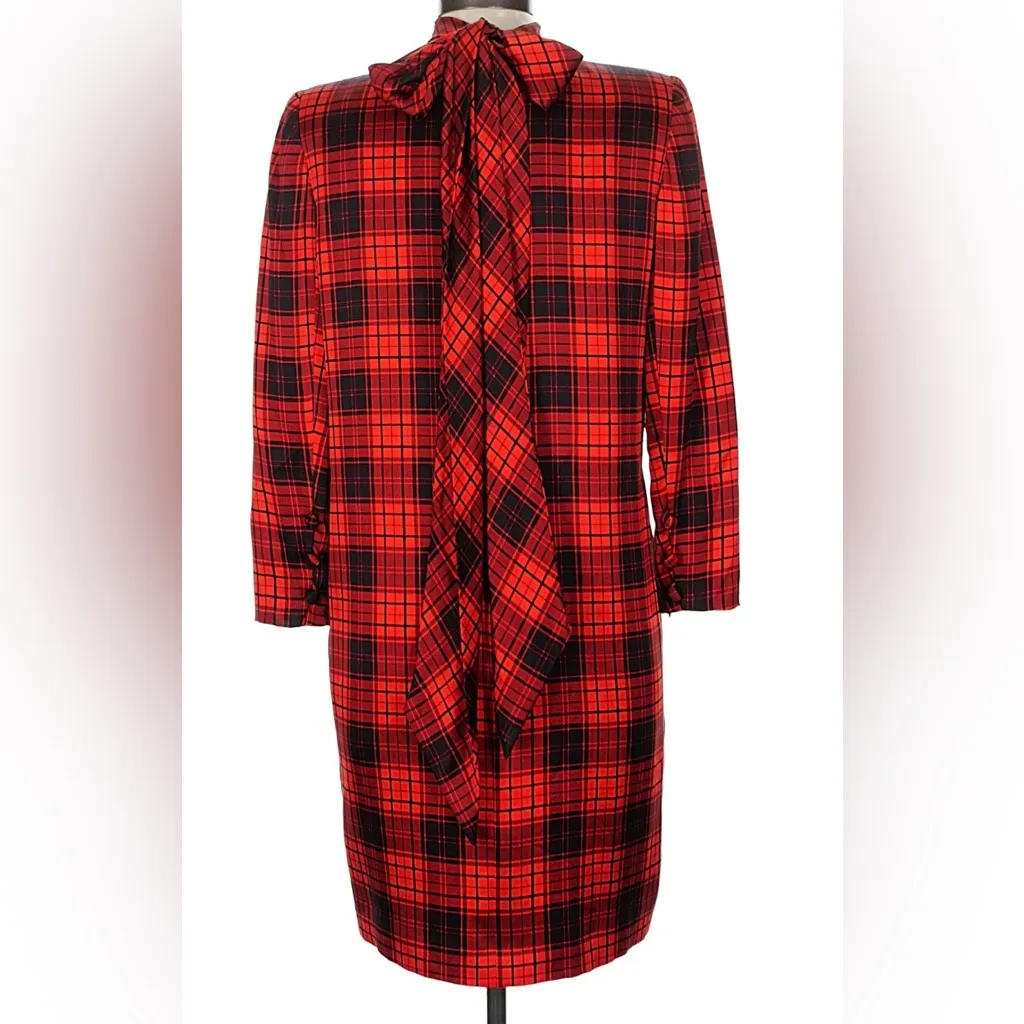 Vintage Dress 80s Stanley Platos Martin Ross Plaid Red & Black Shift Dress ~M Size M - Image 2
