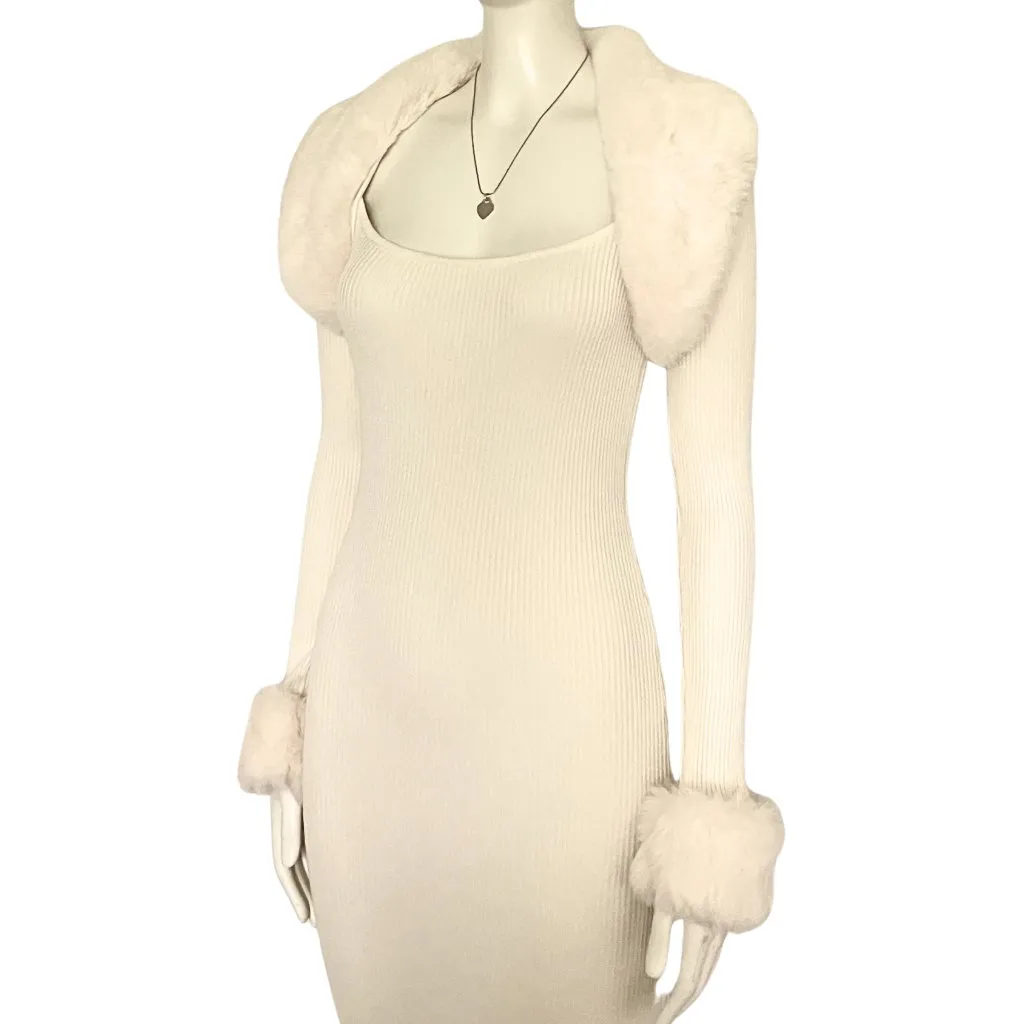 Vintage Y2K Cream Sweater Dress Faux Fur Trim Midi Bodycon S/M Off White McBling - Image 9