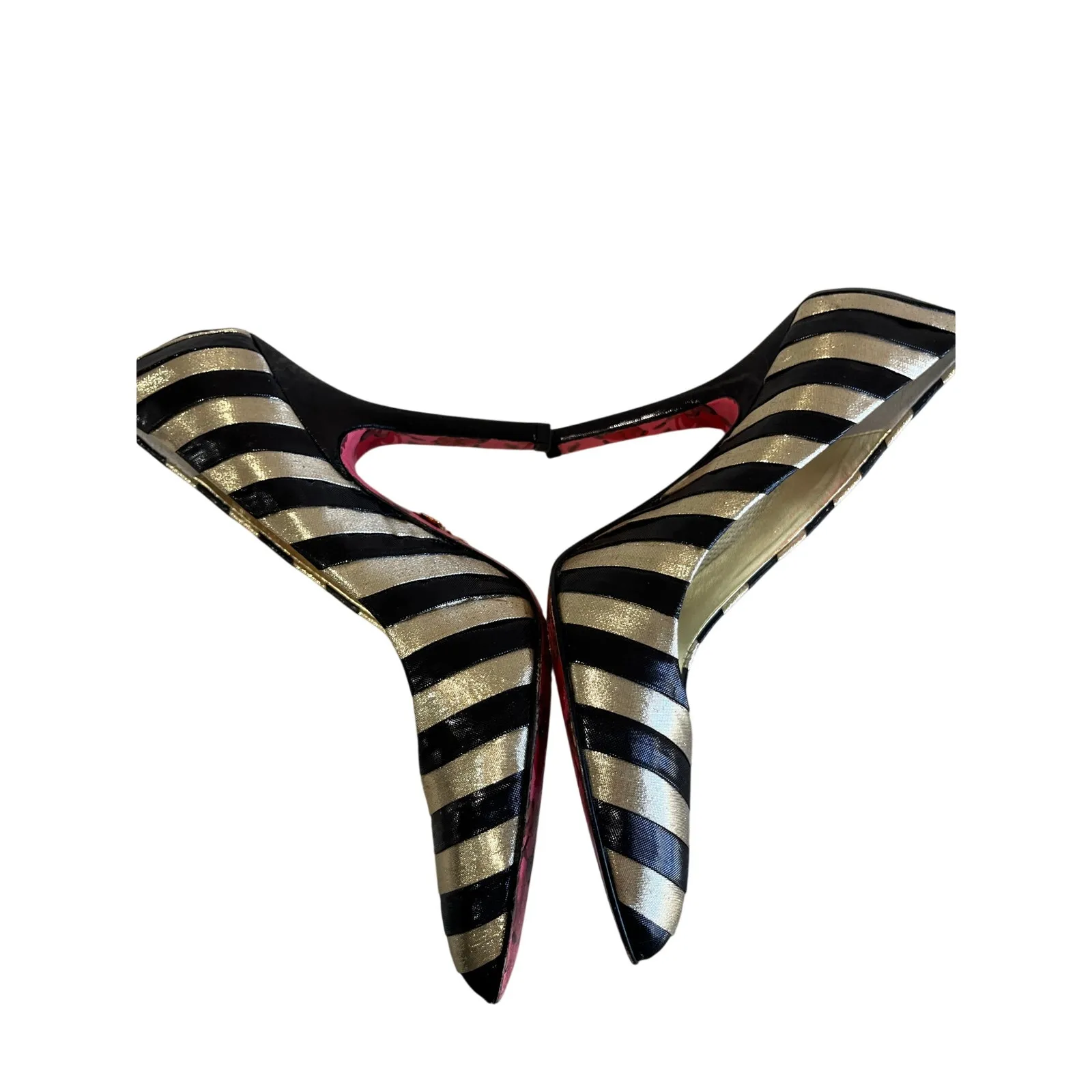 Vintage Betsey Johnson Black Gold Stripe Stiletto Pumps Glam Heels Size 5.5 - Image 6