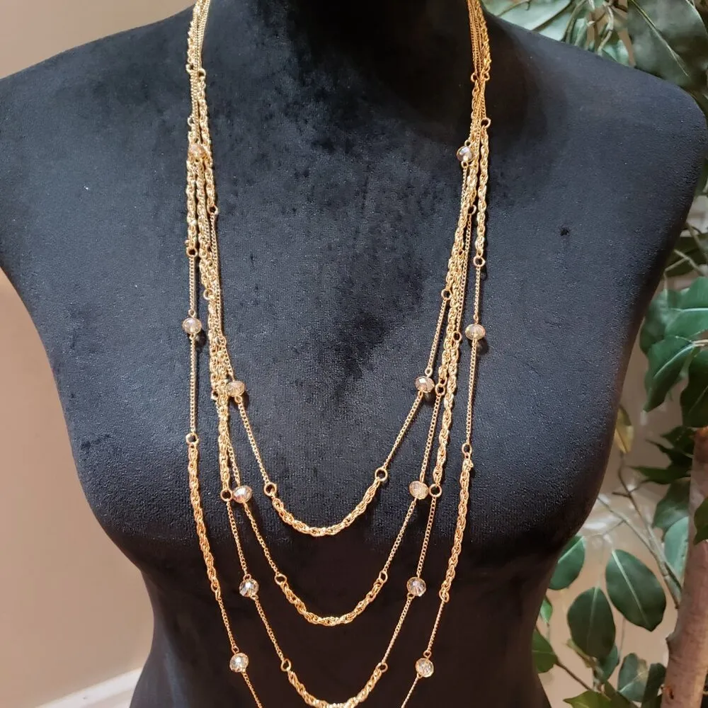 Womens Gold Tone Multilayered Round Cut Crystal Sweater Chains Necklace Lobster - Image 2