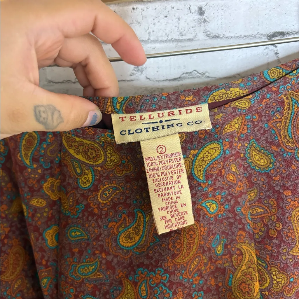 Vintage Red Teal Paisley Paneled Beaded Fringe Mini Skirt Blue Size 2 - Image 4