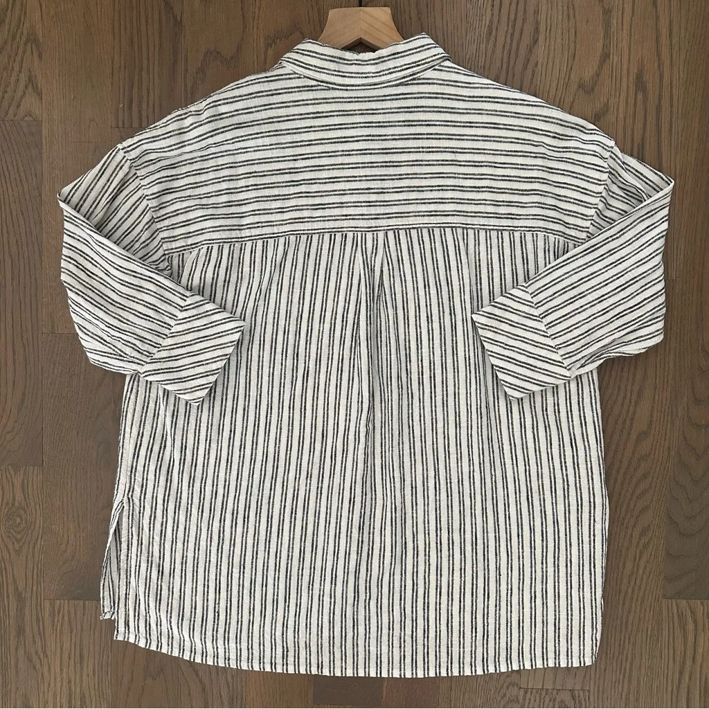 Jason Wu Linen Blend Collared Striped Button Front Shirt in White and Blue Small - Image 7