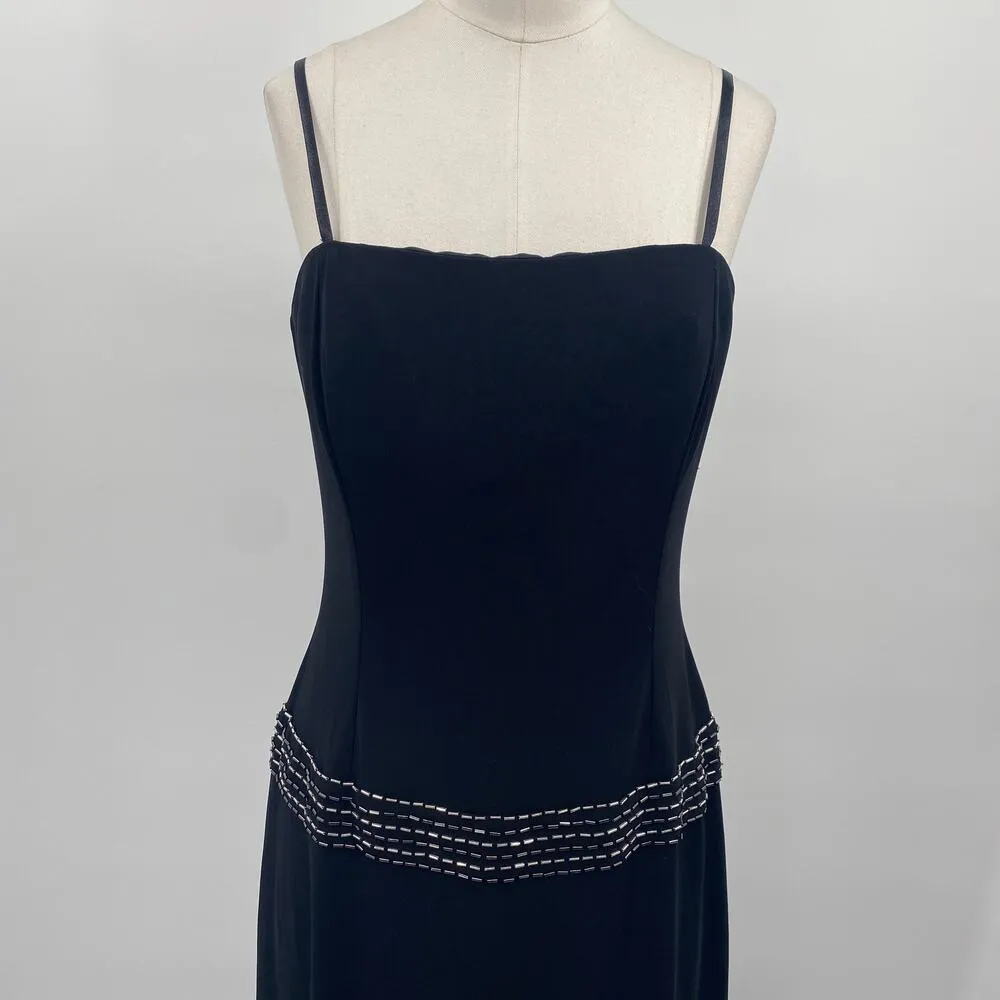 Vintage 90s Papell Boutique Mini Cocktail Dress Beaded Drop Waist Black Silver 6 - Image 3