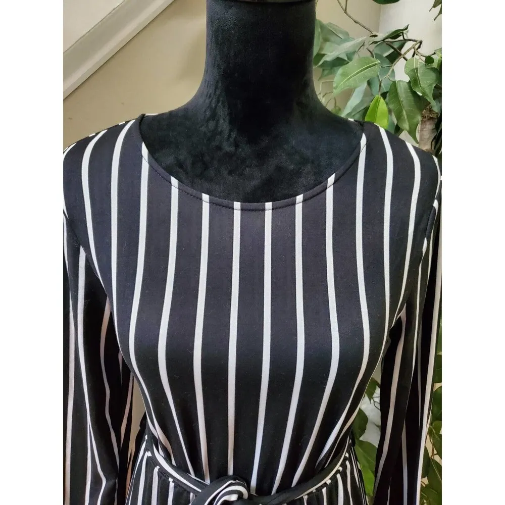 Levaca Womens Black Striped Polyester Round Neck Long Sleeve Knee Length Dress S - Image 5