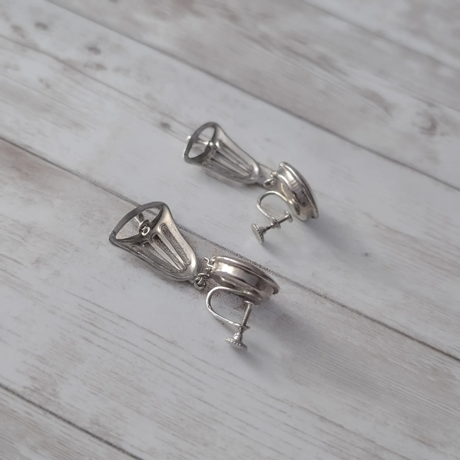 Vintage Screw On Earrings Silver Tone Large Bell Shape Dangle - Image 3