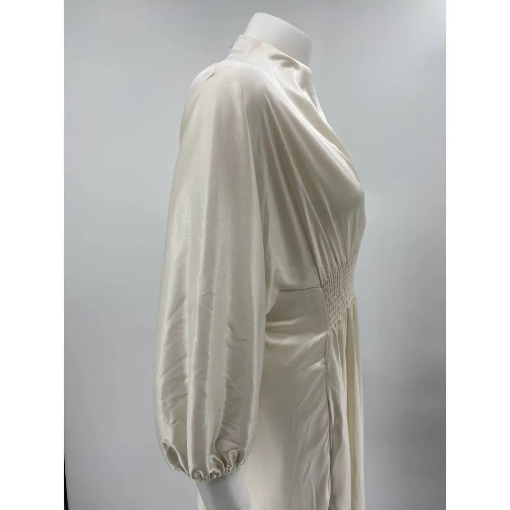 Vintage Ivory Satin Dress High Neck Smocked Waist Flowy Bohemian Size S Size M - Image 8