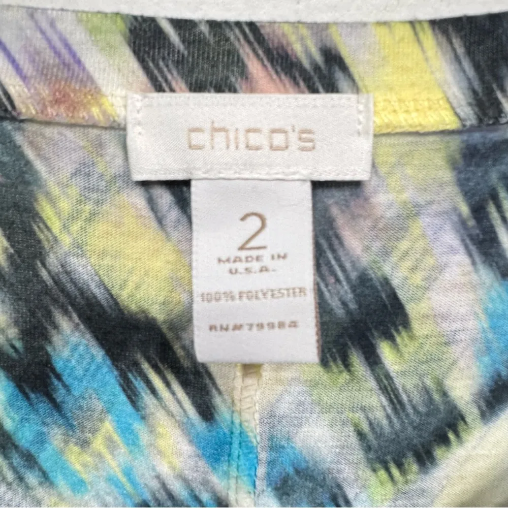 Chico’s Blurred Ikat Print with Rhinestones V Neck Top Tied Knot Hem Size 2/L - Image 7