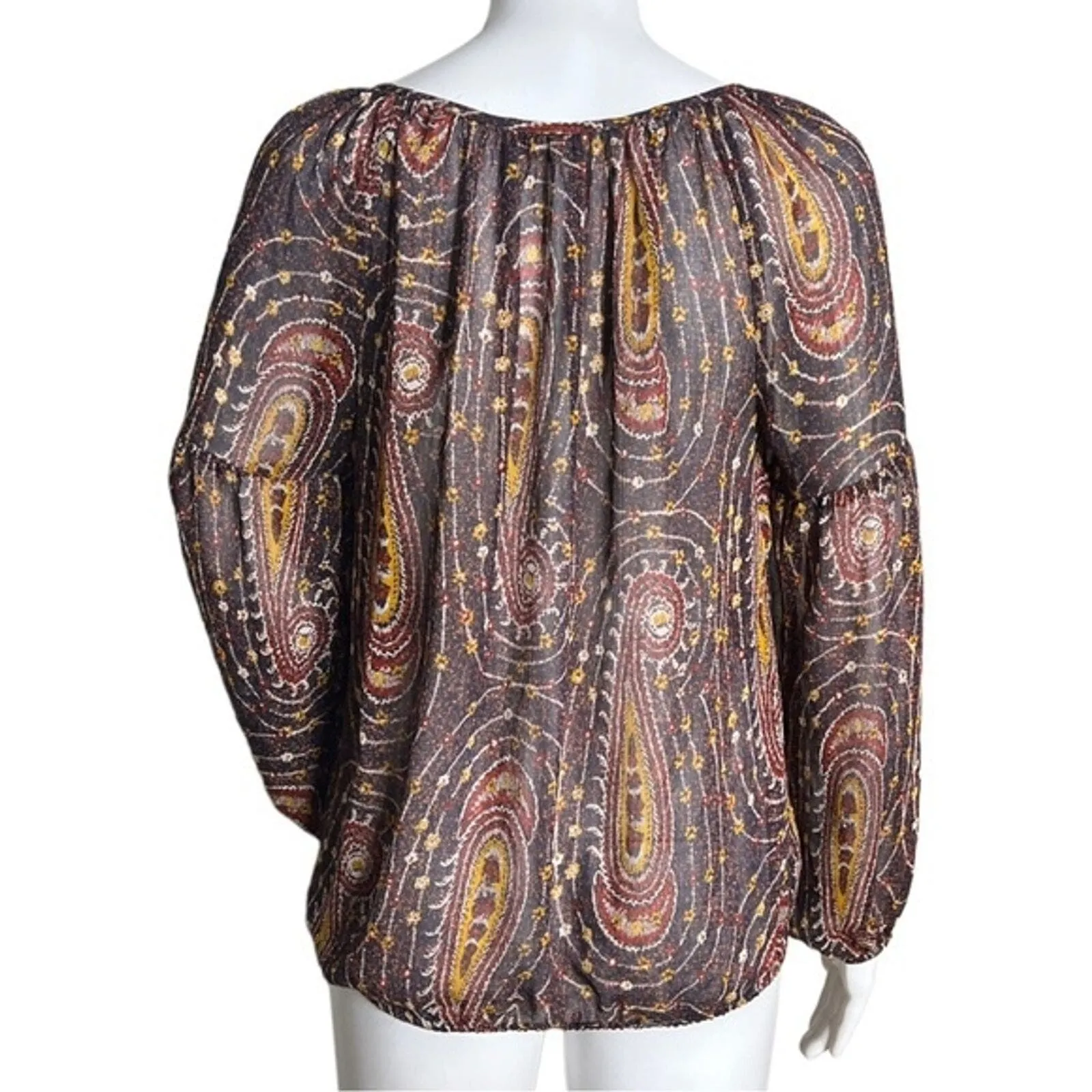 Lucky Brand‎ Shirt Womens Small Brown Red Paisley Sheer Tassels Bohemian Peasant - Image 3
