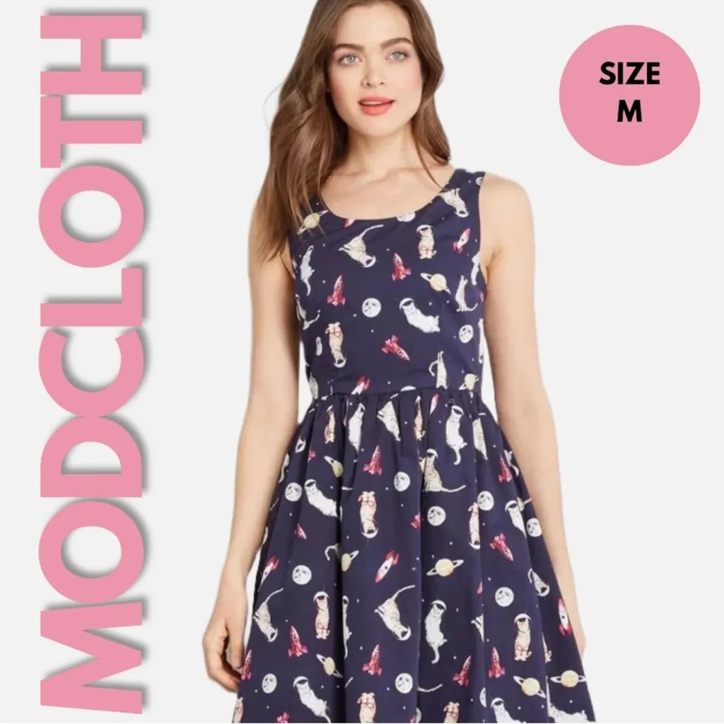 ModCloth Optimistic Effect Sleeveless Cat Space Print Dress Size M - Image 11
