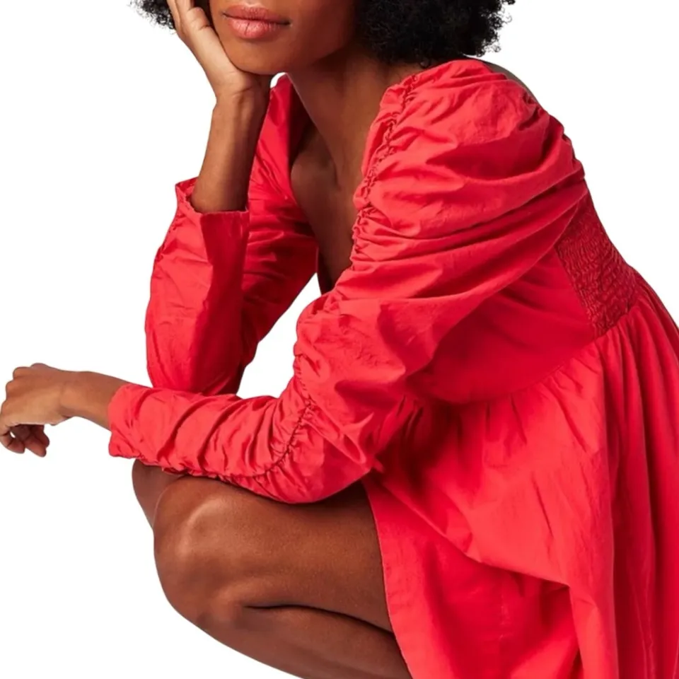 FREE PEOPLE Lindsay Babydoll Dress in Bella Rosa Red Size L New w/ Tag MSRP $138 - Image 4