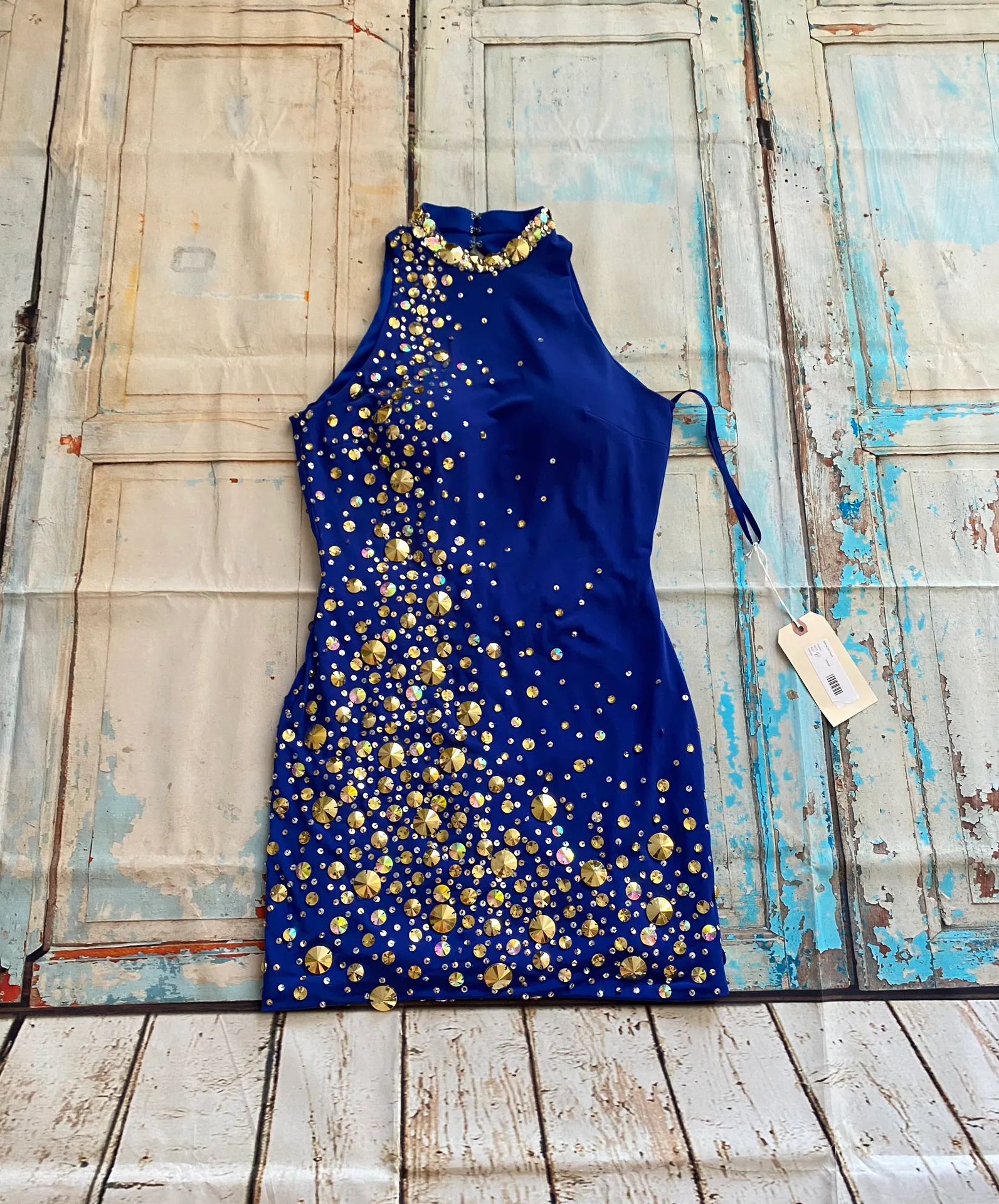 Women’s Royal Blue Halter Neck Bodycon Mini Dress Beaded Size 7/8 - Image 6