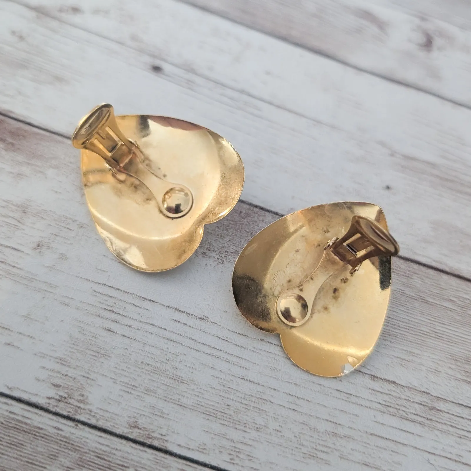 Vintage Clip On Earrings Large Gold Tone Heart with Design & Clear Gem Statement - Image 6