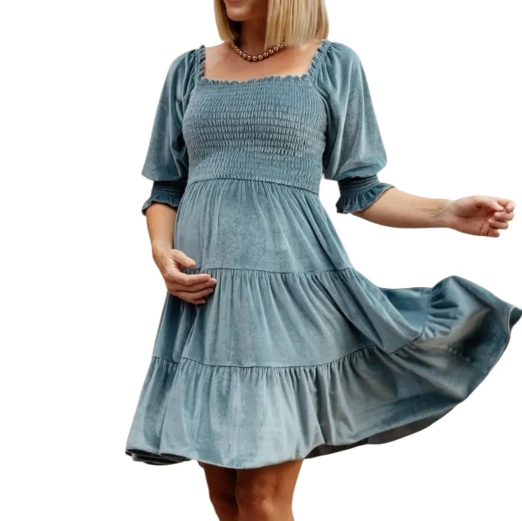 Baltic Born Dress NWT Smocked Crushed Velvet Stretchy Short Blue Size Small New - Image 2