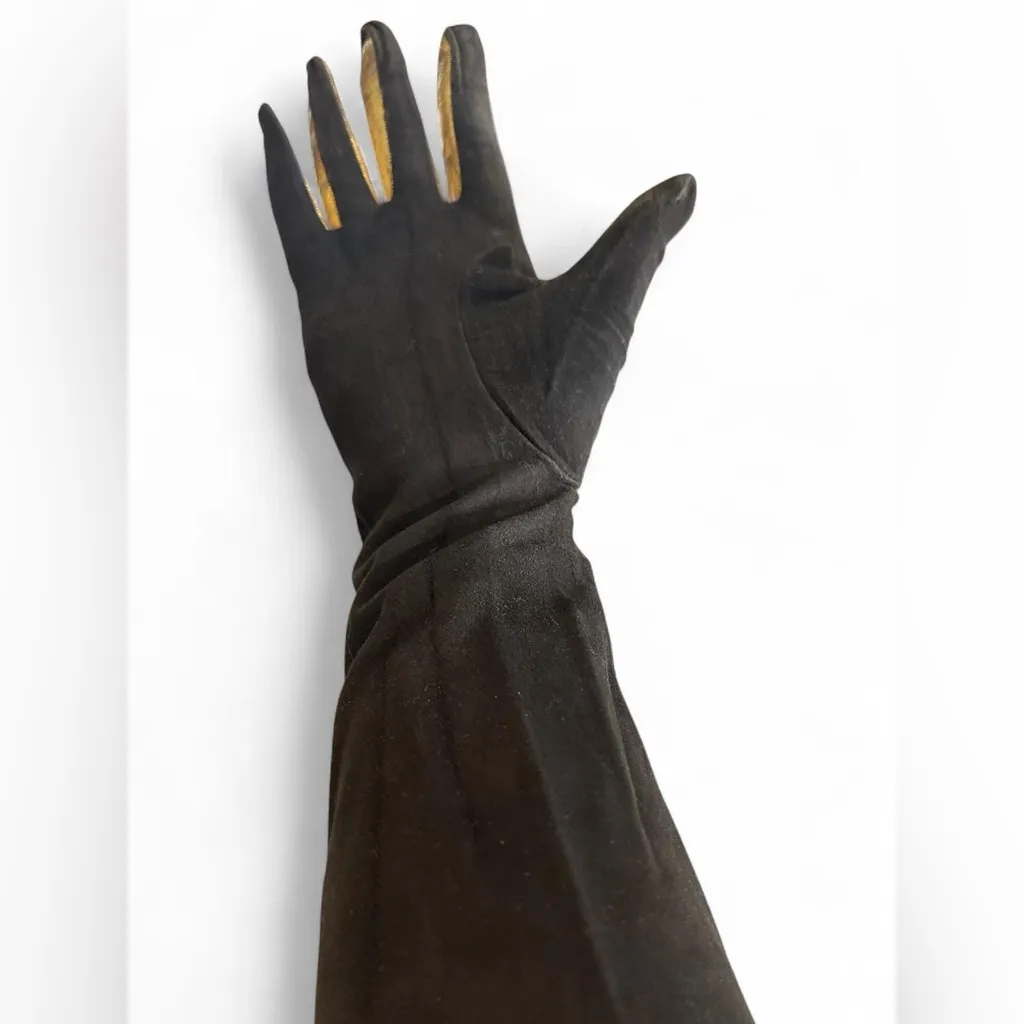 FREDDY PARIS VINTAGE LONG GLOVES BROWN SUEDE W GOLD LEATHER FINGER ACCENTS RARE - Image 4