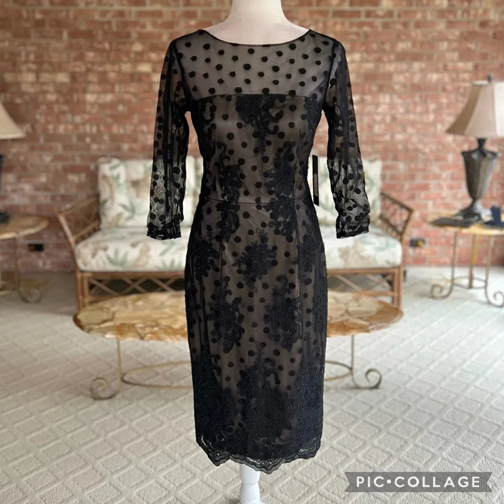 David Meister Dress Black Sheath Knee Length Embroidered Ilusion NWT 2 Cocktail - Image 3
